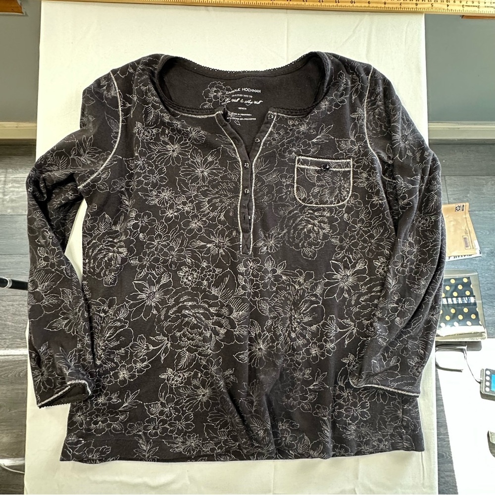 Midnight by Carole Hochman Black Floral Button Top